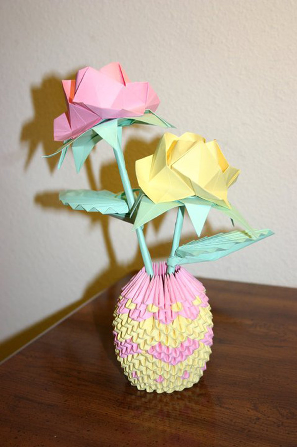 3D Origami Pink + Yellow Roses with Heart Basket