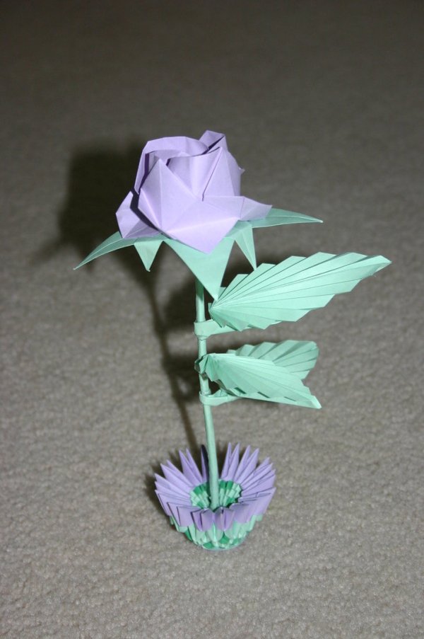 3D Origami Purple Rose with Small Basket
