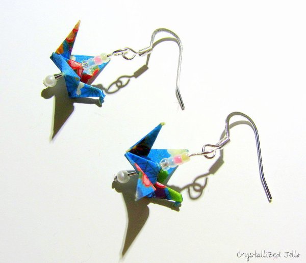 Blue Floral Origami Crane Earrings w/ Silver Hooks